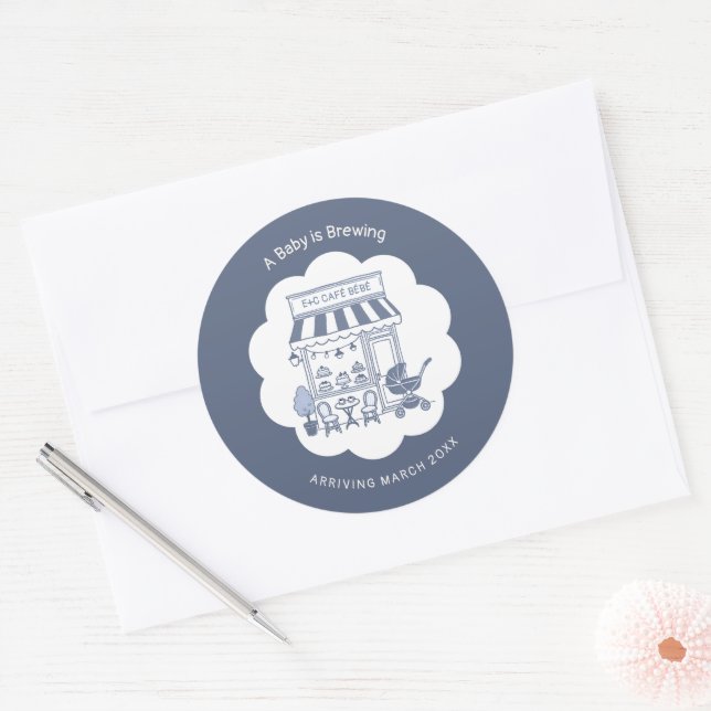 Coffee Brunch Theme Bebe Cafe Blue 2 Baby Shower Runder Aufkleber (Umschlag)