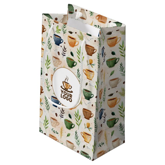 Coffee Cups Boho Muster Logo Kleine Geschenktüte (Rückseite Schrägansicht)