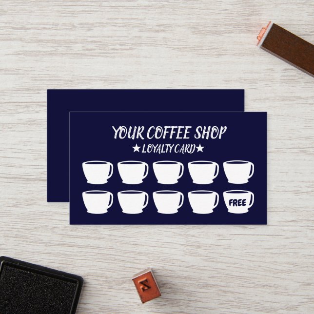 Coffee Cups Navy Blue Café Kundenloyalty  Treuekarte (Vorderseite/Rückseite Beispiel)