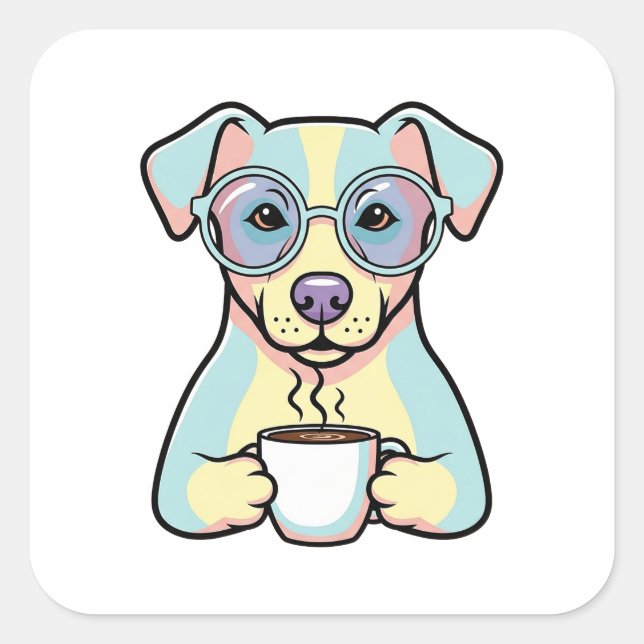 Coffee Dog with Glasses – Cute Whimsical Illustrat Quadratischer Aufkleber (Vorderseite)