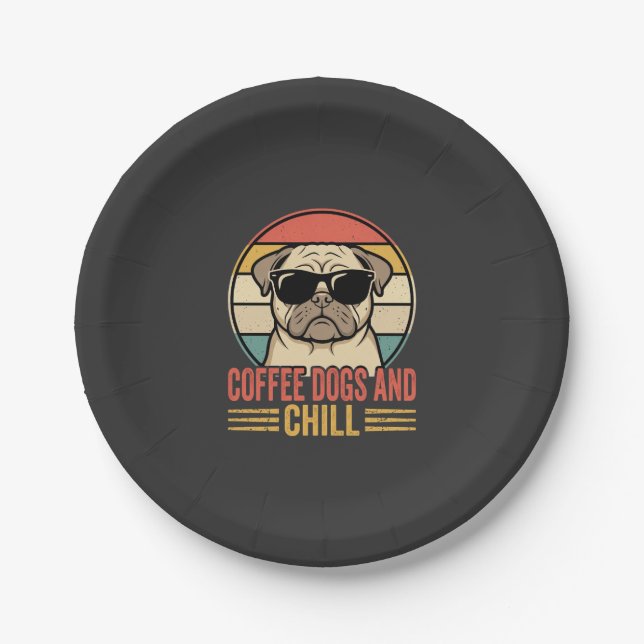 Coffee Dogs und Chill Retro Pug Pappteller (Vorderseite)