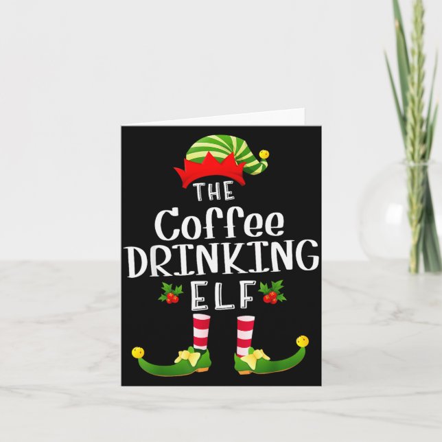 Coffee Drinking Christmas Elf Matching Pajama X-ma Karte (Vorderseite)