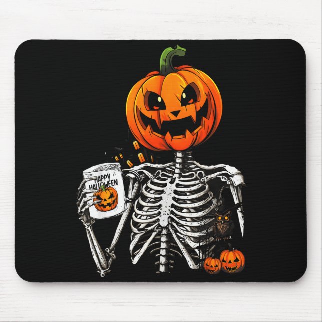 Coffee Drinking Skeleton Pumpkin Halloween Costume Mousepad (Vorne)