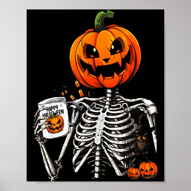 Coffee Drinking Skeleton Pumpkin Halloween Costume Poster (Vorne)