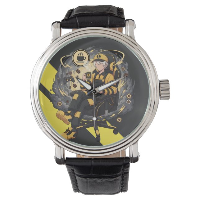 Coffee Gamer Anime Boy Yellow Aesthetic Art Armbanduhr (Vorderseite)