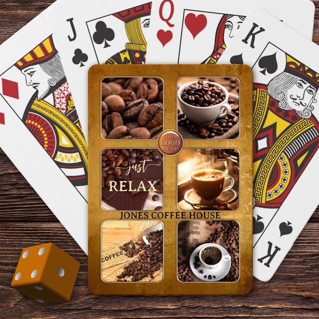 Coffee House mit individuellem Foto Spielkarten (Playing cards featuring 6 photos framed by a grunge coffee design and your own logo)