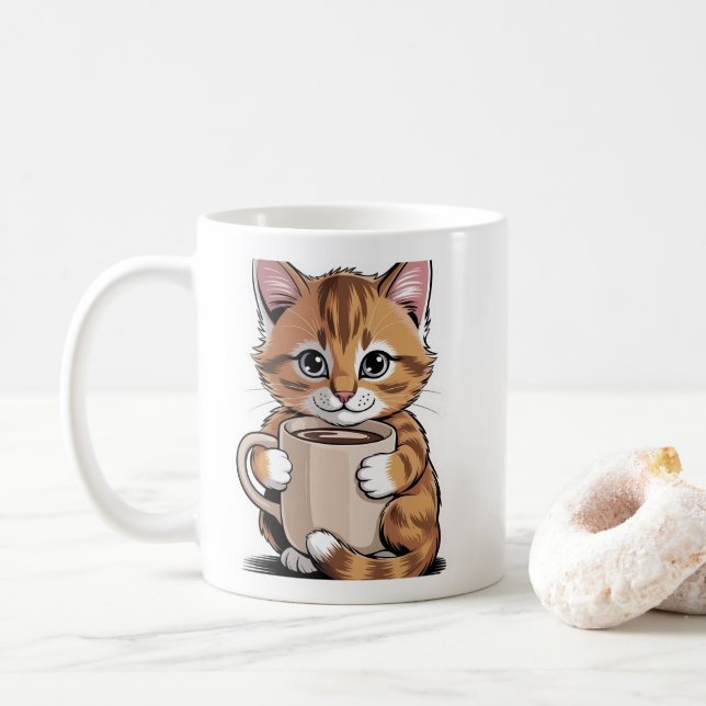 Coffee-Katze ☕🐱 – Süße Katze mit Kaffee-Design Kaffeetasse (Mit Donut)