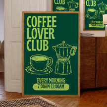 Coffee Lover Club Druck, Retro-Tafel-Stil