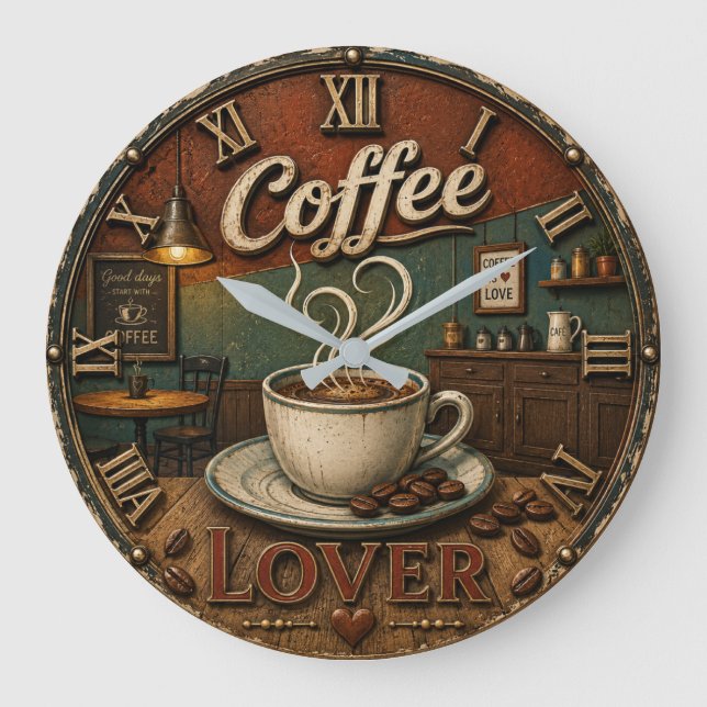 Coffee Lover Rustic Shop  Große Wanduhr (Vorderseite)