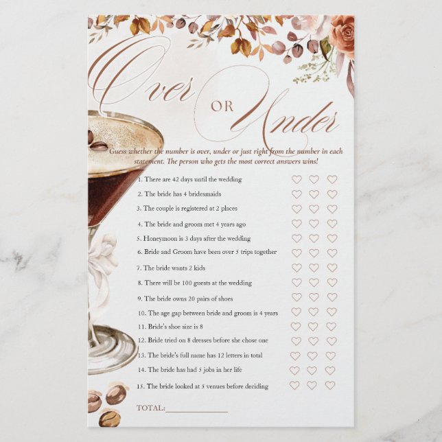 Coffee Martini Over or Under Bridal Shower Game (Vorderseite)