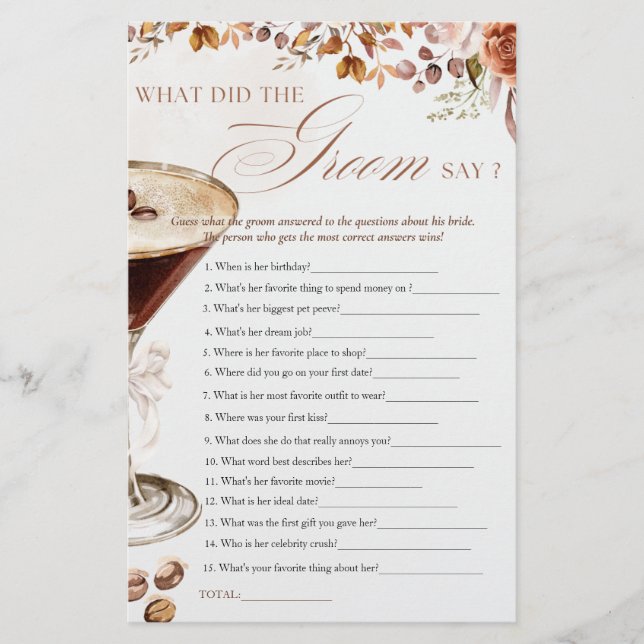 Coffee Martini What Groom Say Bridal Shower Game (Vorderseite)