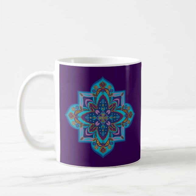 Coffee mug with blue mandala, purple background kaffeetasse (Links)