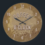 Coffee O'Clock Rustic Kitchen Große Wanduhr<br><div class="desc">This rustic Coffee O'Clock wall clock features a warm coffee-inspired design with a burlap texture and natural coffee stain effects. The background mimics coffee splashes on fabric, creating a cozy and authentic café atmosphere. The soft beige and coffee tones make this clock a perfect addition to kitchen spaces, coffee bars,...</div>