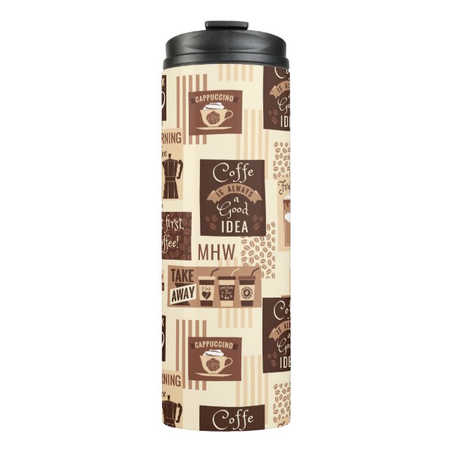 Coffee Pattern Custom Monogram Tumbler Thermosbecher (Vorderseite)