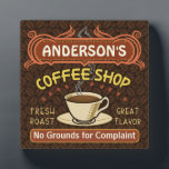 Coffee Shop mit Tasse Erstellen Sie Ihre eigenen P Fotoplatte<br><div class="desc">Diese Coffee-Motive-Showplakette eignet sich perfekt für jeden, der sein eigenes Café betreibt oder in der Zuhause-Küchendekoration ein Kaffeethema hat. Fertig in Retrobraun, Orange, Beige und Gelb, dieses Espresso / Cappuccino inspirierte Design verfügt über eine Tasse auf einer Untertasse, zwei personalisierte Textbanner und die Worte "Coffee Shop / Fresh Roast /...</div>