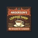 Coffee Shop mit Tasse Erstellen Sie Ihre eigenen P Leinwanddruck<br><div class="desc">Diese Wanddekoration aus einem Coffeeshops mit gewickelten Leinwänden ist perfekt für jeden, der sein eigenes Café betreibt oder in der Zuhause-Küchendekoration ein Coffee-Thema hat. Fertig in Retrobraun, Orange, Beige und Gelb, dieses Espresso / Cappuccino inspirierte Design verfügt über eine Tasse auf einer Untertasse, zwei personalisierte Textbanner und die Worte "Coffee...</div>