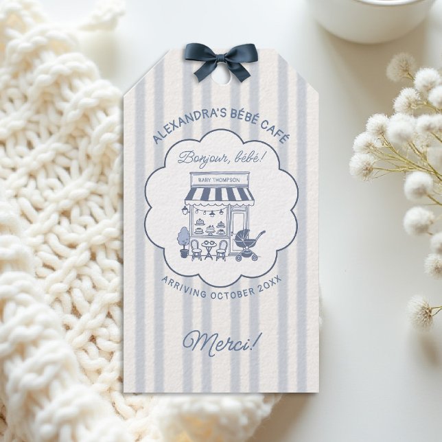 Coffee Theme Bebe Brunch Dusty Blue Baby Shower Geschenkanhänger (bebe cafe baby shower personalized gift tag coffee bonjour dusty blue stripes bow hand drawn brunch )