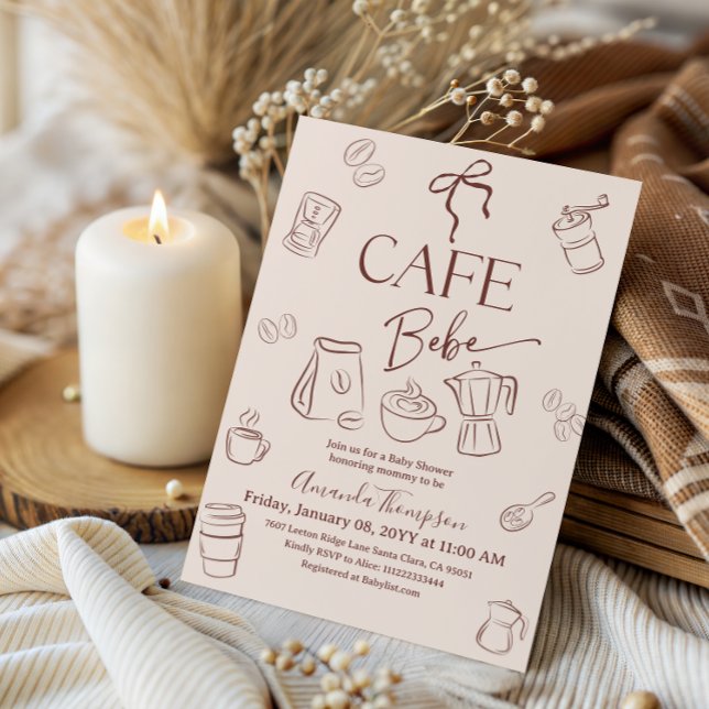 Coffee Theme Beige Bow Cafe Bebe Baby Shower Einladung (Von Creator hochgeladen)