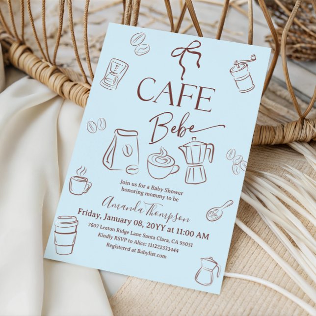Coffee Theme Blue Bow Cafe Bebe Boy Baby Shower Einladung (Von Creator hochgeladen)