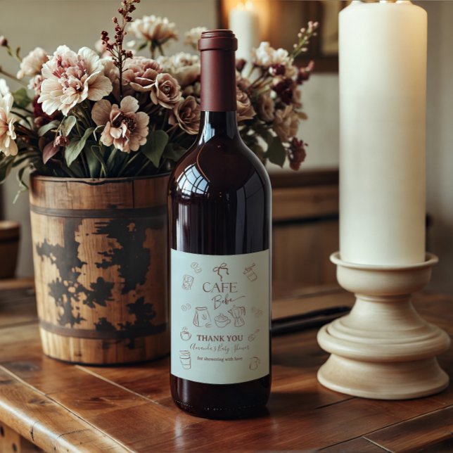 Coffee Theme Blue Bow Cafe Bebe Boy Baby Shower Weinetikett (Von Creator hochgeladen)