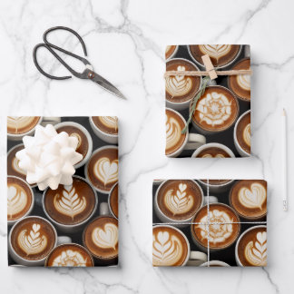 Coffee Themed Wrapping Paper Flat Sheet Set of 3 Geschenkpapier Set