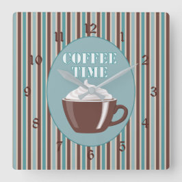 Coffee Time Blue Stripe Clock Quadratische Wanduhr