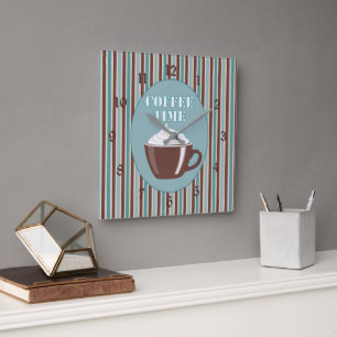 Coffee Time Blue Stripe Clock Quadratische Wanduhr