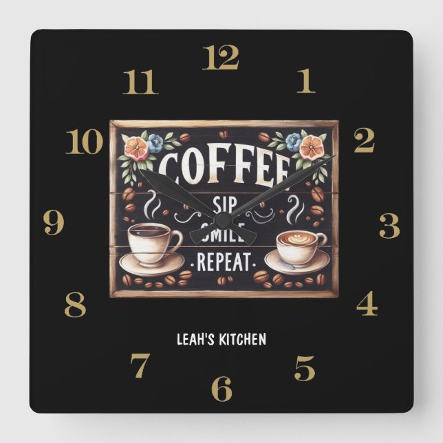 Coffeecore Clock Kaffee Memen Barista Chalkboard Quadratische Wanduhr (Vorderseite)