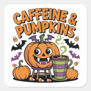 Coffein & Pumpkins - Halloween-Design-Sticker Quadratischer Aufkleber