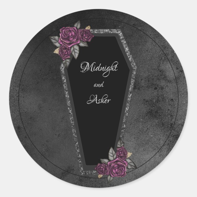 Coffin Black Gray Rose Sparkle Halloween Hochzeit Runder Aufkleber (Vorderseite)
