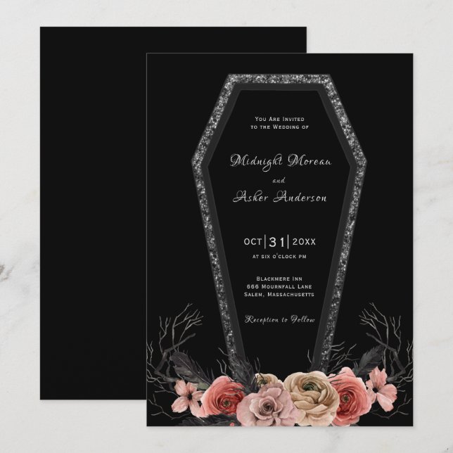 Coffin Rose Gothic Halloween Hochzeit Einladung (Vorne/Hinten)