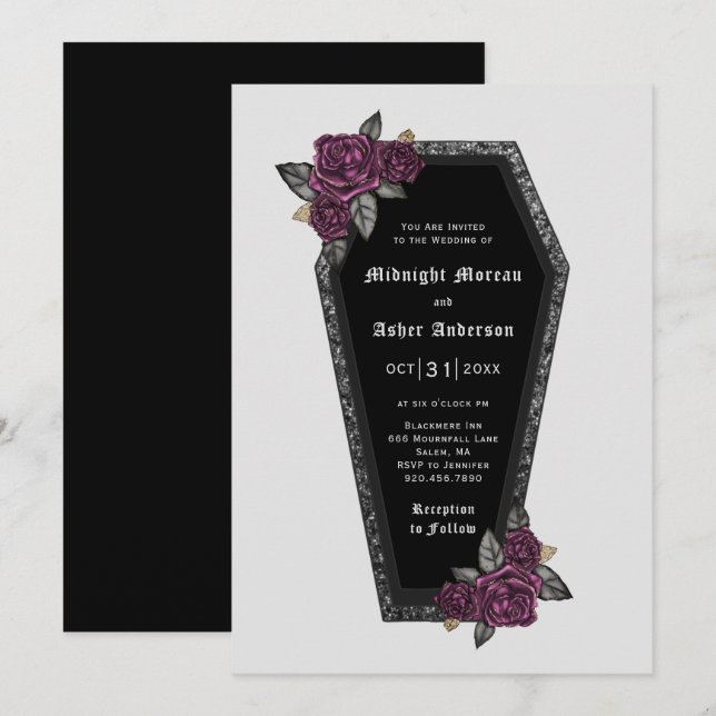 Coffin Rose Sparkle Halloween Hochzeit Einladung (Vorne/Hinten)