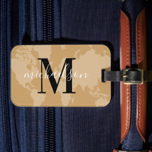 Cognac Weltkarte Schrift Monogramm Gepäckanhänger