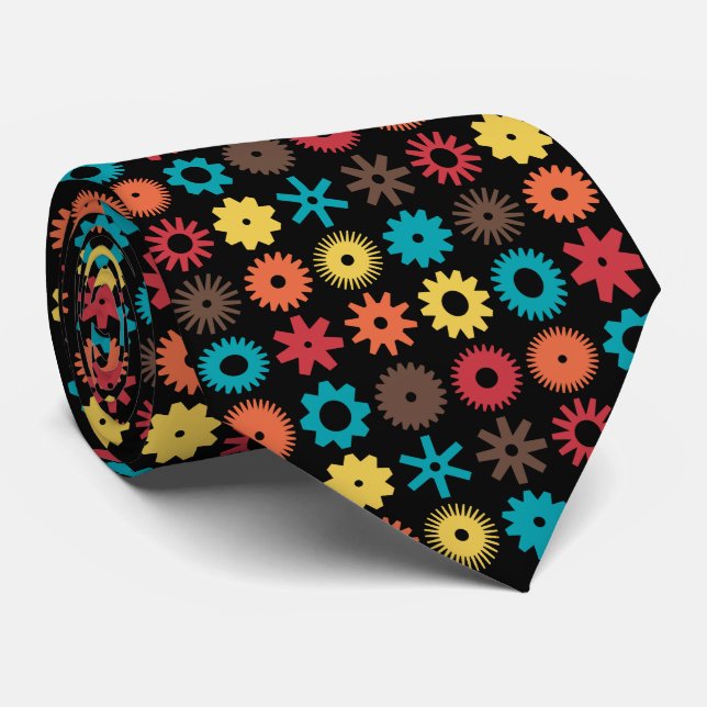 Cogs - Farben 02 auf schwarz Krawatte (Gerollt)