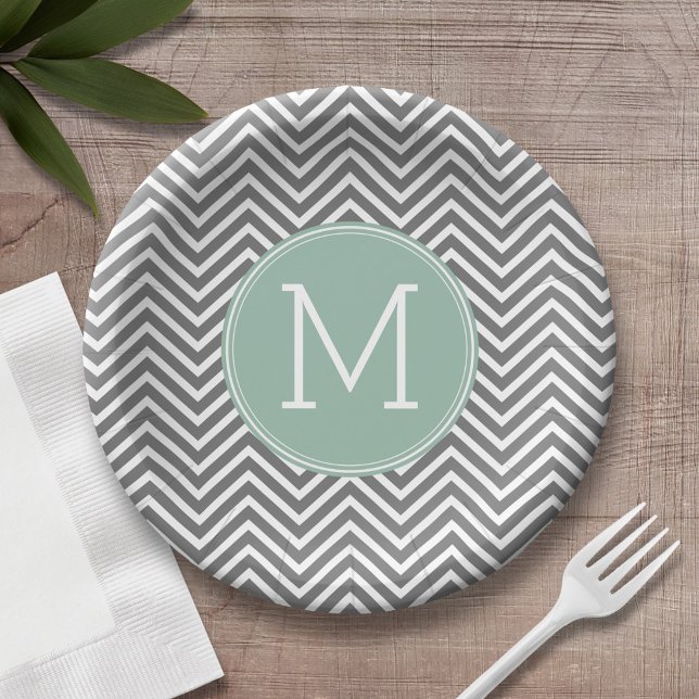 Cohle und Minze Grüne Chevronen Custom Monogram Pappteller (Personalized birthday plate with monogram)