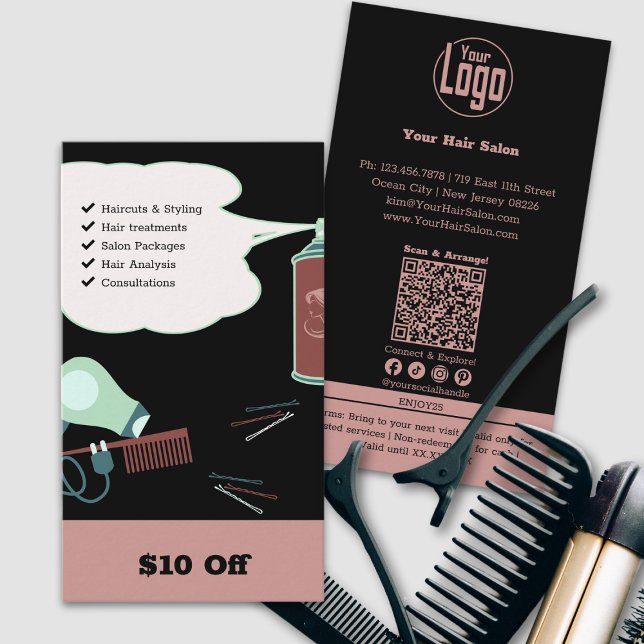 Coiffeur moderne $10 de réduction Carte (Modern Hairdresser $10 Off Discount Card, Pink Black, Logo, QR code, Social, Tracking, Service List)