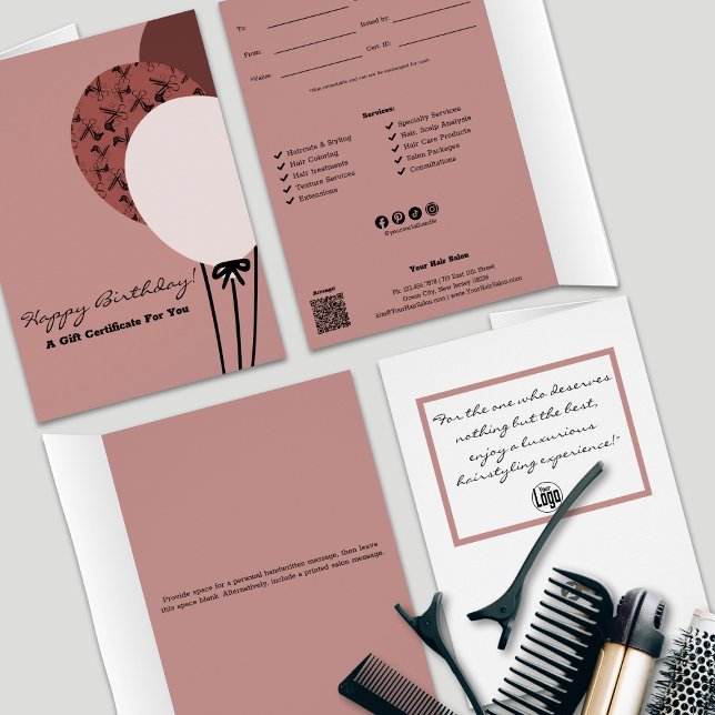 Coiffeur rose Joyeux certificat cadeau d'anniversa (Pink Hairstylist Happy Birthday Gift Certificate, Professional SMB Services, QR Code, Logo,  )