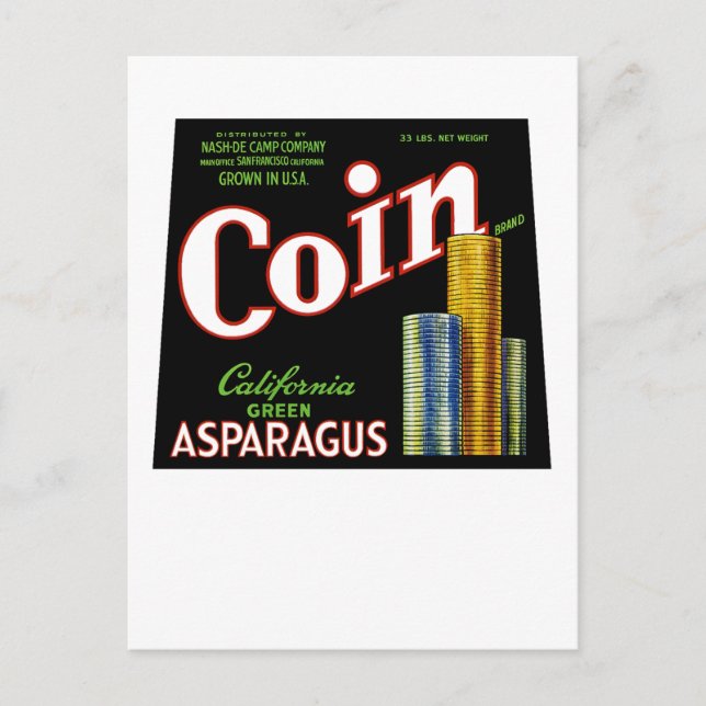 Coin California Asparagus Label Postkarte (Vorderseite)