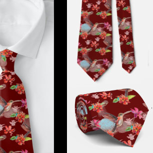 Col cravate à motif aquarelle floral rouge colibri