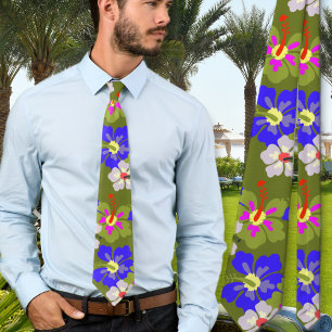 Col cravate de mariage vert armée à motif d'Hibisc