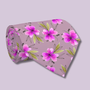Col cravate en soie rose lilas floral aquarelle ro