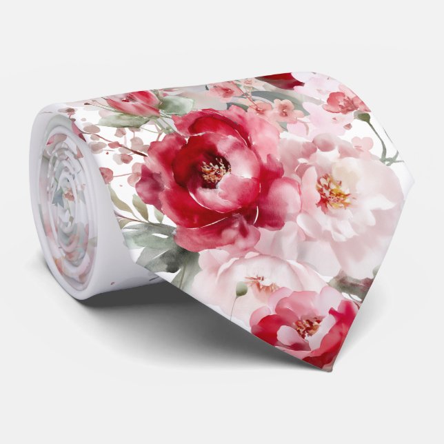 Col cravate fleurs rouges blanches (Roulé)