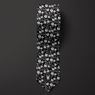 Col cravate floral noir et blanc