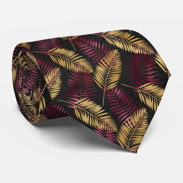 Col cravate motif feuille tropicale or bordeaux (Roulé)