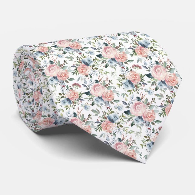 Col cravate Roses Rose Pâle et Bleu Poussiéreux (Roulé)