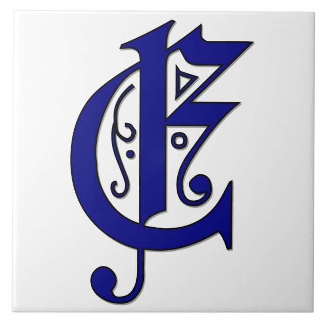 Colchester Letter E in Blue Monogram Tile Fliese (Vorderseite)