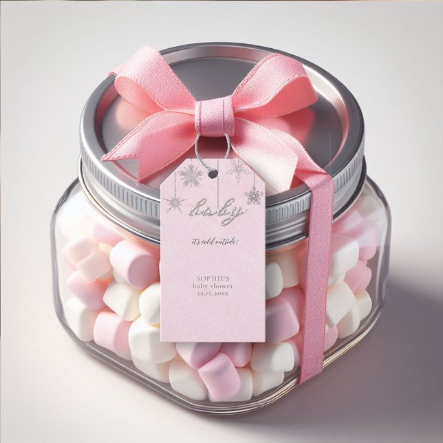 Cold Outdoor Glitzer Schneeflocken Pink Babydusche Geschenkanhänger (baby cold outside pink christmas girl baby shower favor tag snowflakes rhinestones glitter elegant)