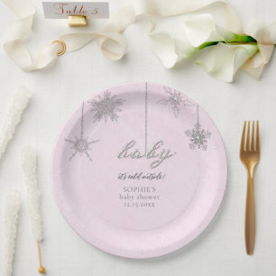 Cold Outdoor Glitzer Schneeflocken Pink Babydusche Pappteller