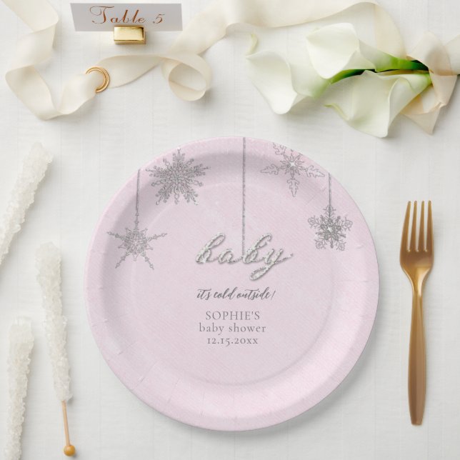 Cold Outdoor Glitzer Schneeflocken Pink Babydusche Pappteller (Hochzeit)