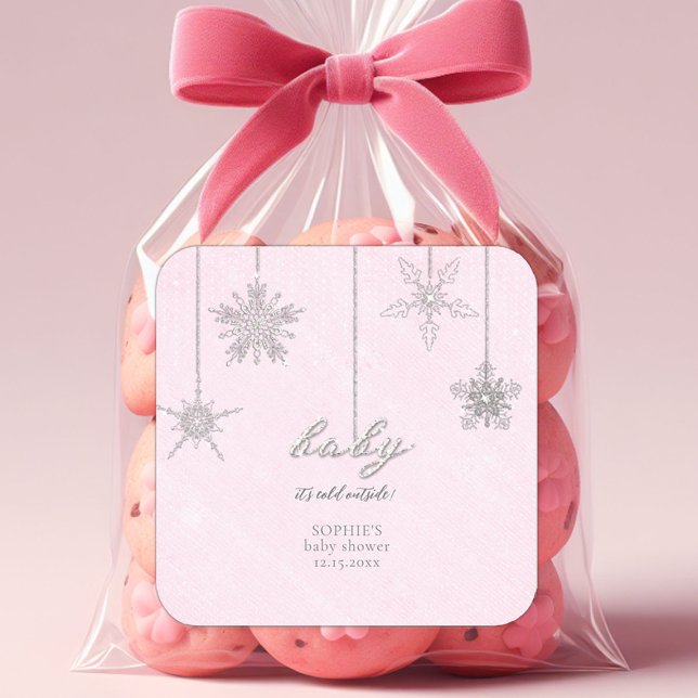 Cold Outdoor Glitzer Schneeflocken Pink Babydusche Quadratischer Aufkleber (baby cold outside pink christmas girl baby shower personalized sticker snowflakes rhinestone glitter)